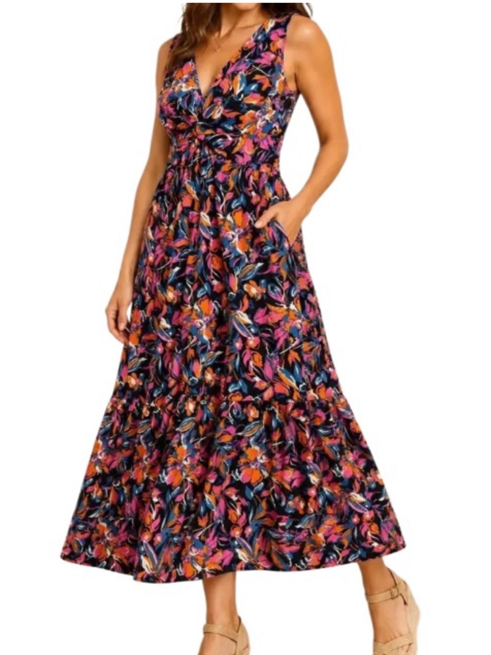NWT French Connection Twist-Front Maxi Dress in Black and Floral print